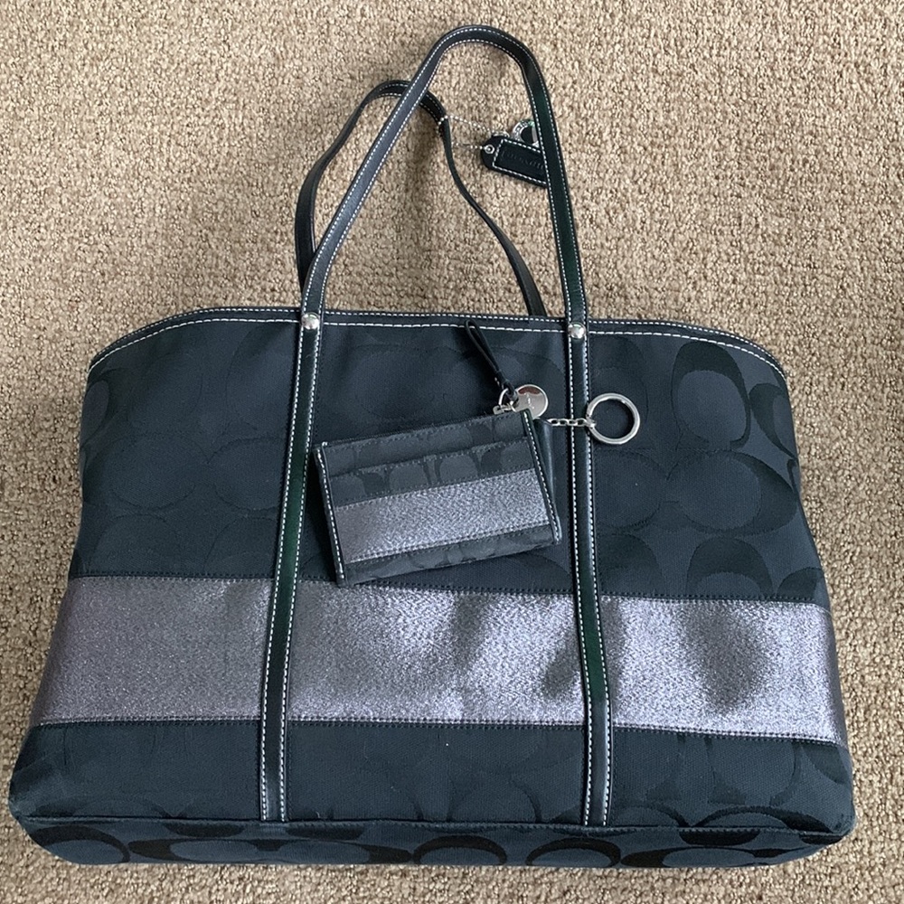 Black Coach Tote Bag with matching keychain wallet.